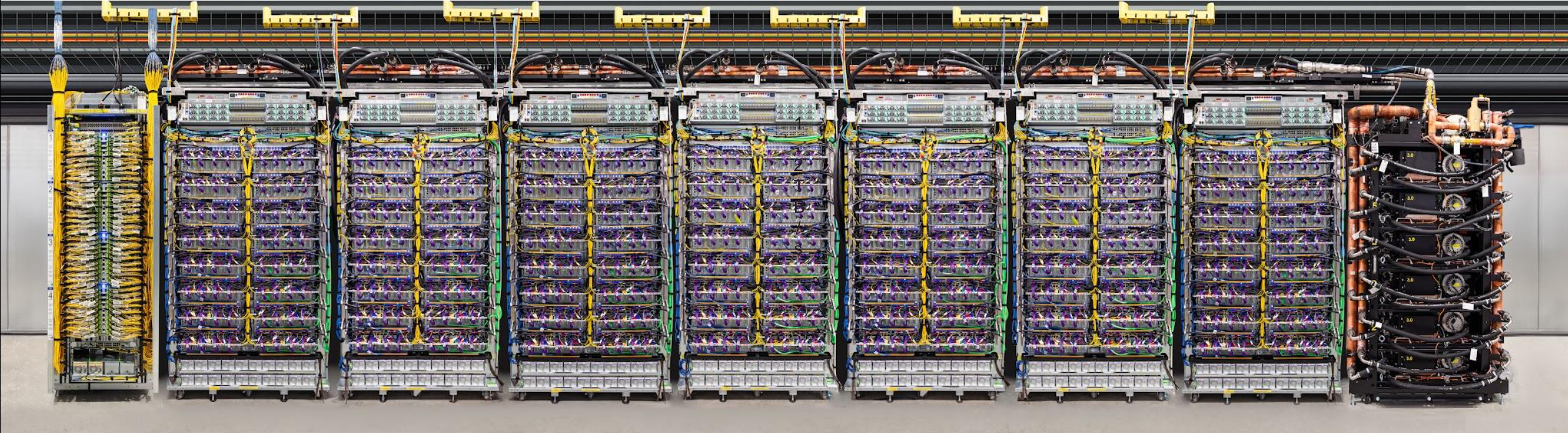 Seven-rack Ironwood TPU unit with a liquid-cooling unit on the far right