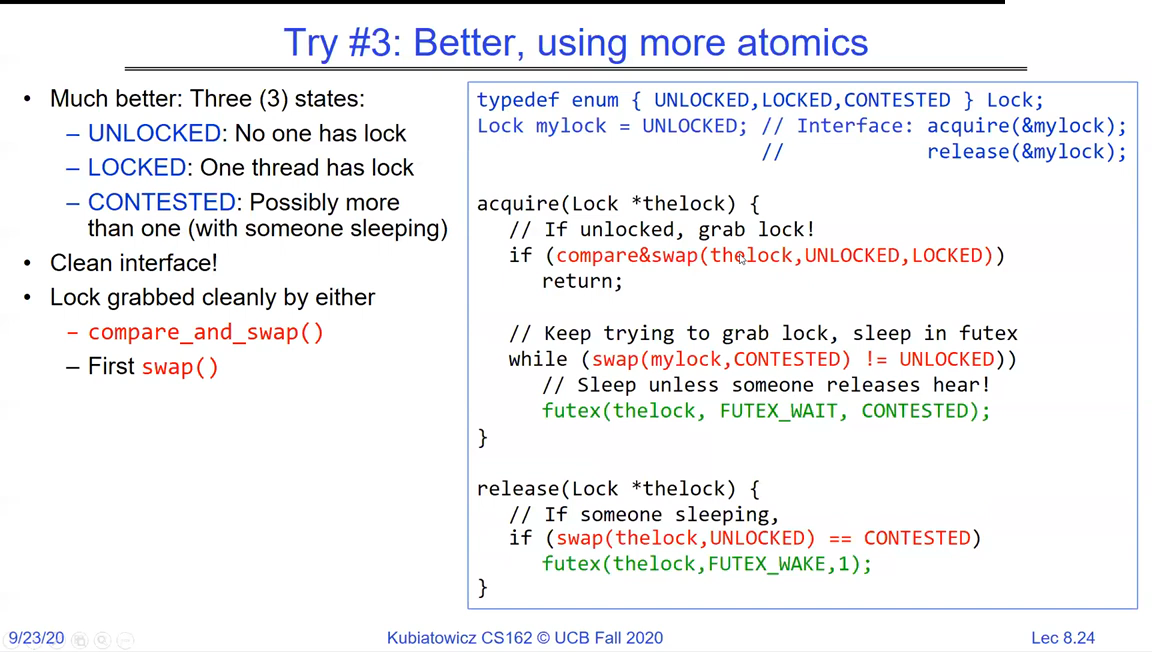 Three-state futex lock using an enum of UNLOCKED, LOCKED, CONTESTED; acquire compare-and-swaps UNLOCKED to LOCKED on the fast path and otherwise swaps in CONTESTED and futex-waits; release swaps to UNLOCKED and only futex-wakes if the old value was CONTESTED
