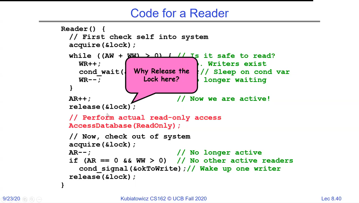 Code for a reader: acquire the lock, and while active-or-waiting writers exist increment waiting readers, wait on okToRead, then decrement; increment active readers and release the lock before accessing the database read-only; then re-acquire the lock, decrement active readers, and if no active readers remain and a writer is waiting, signal okToWrite