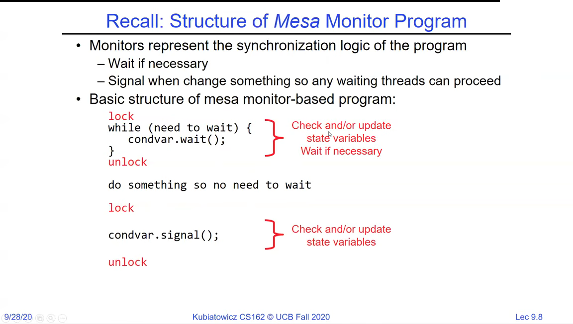 Structure of a Mesa monitor program: acquire lock, while(need to wait) condvar.wait(), release; later acquire, signal, release