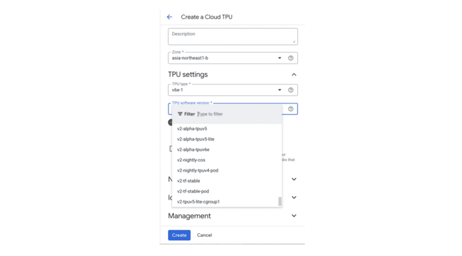 Create a Cloud TPU console form with the TPU software version dropdown expanded, listing versions such as v2-alpha-tpuv5, v2-alpha-tpuv5-lite, and v2-alpha-tpuv6e.