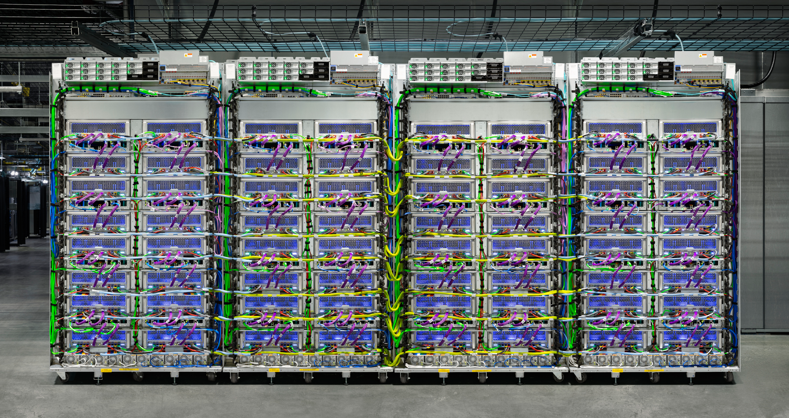 A four-rack TPU v5e pod, front view