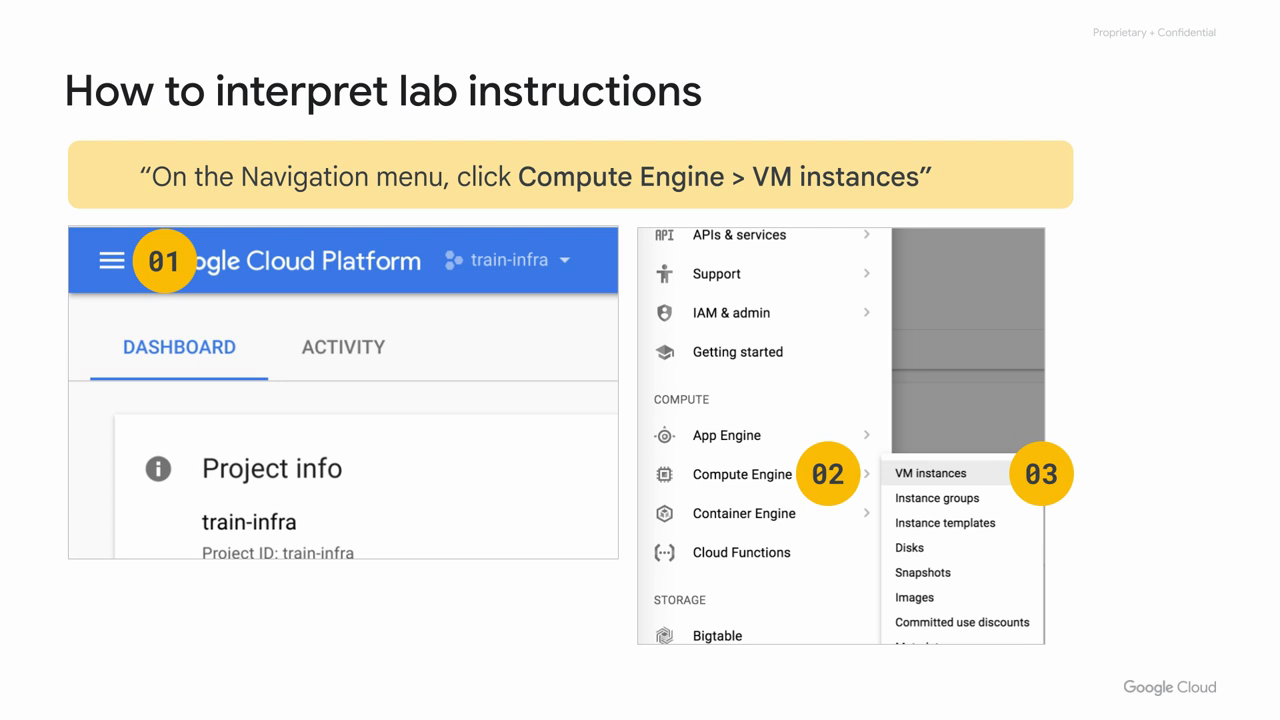 Google Cloud console navigation menu opening the Compute Engine submenu and VM instances